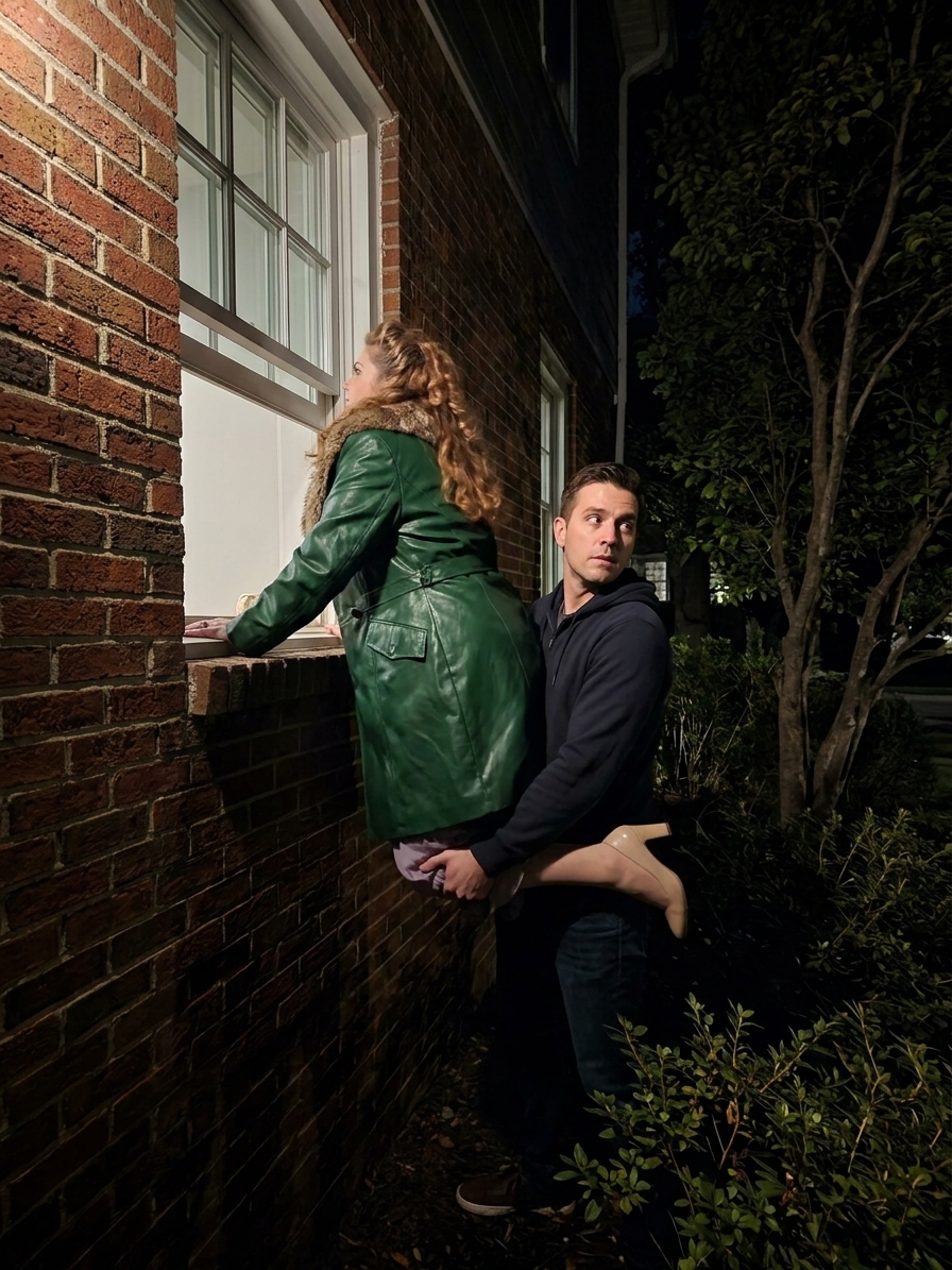 Marcie in a green leather coat is hoisted up to peer through a brick-building window at night while Ben, holding her up, glances nervously over his shoulder.