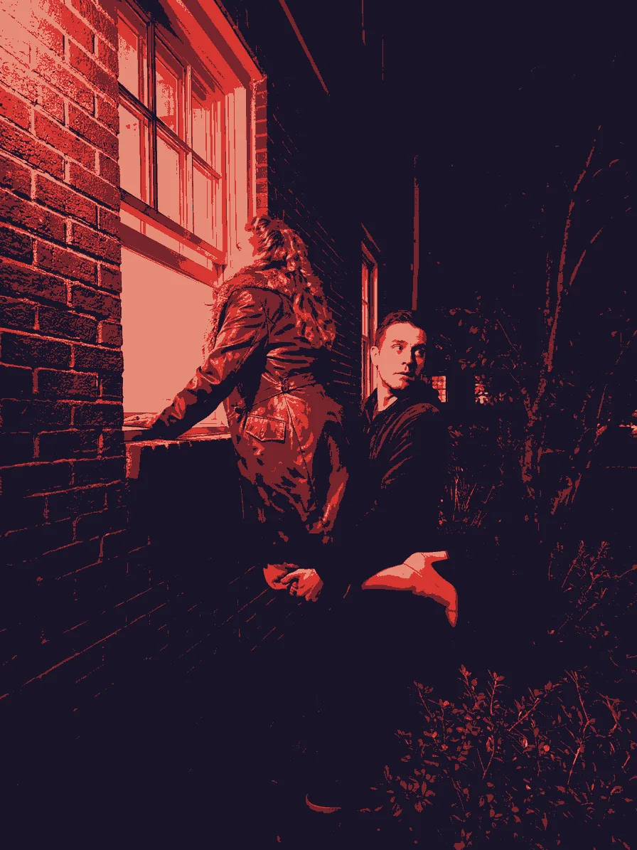 Screen-printed red and indigo poster image: Marcie in a leather coat peers through a window while Ben holds her up and looks back
