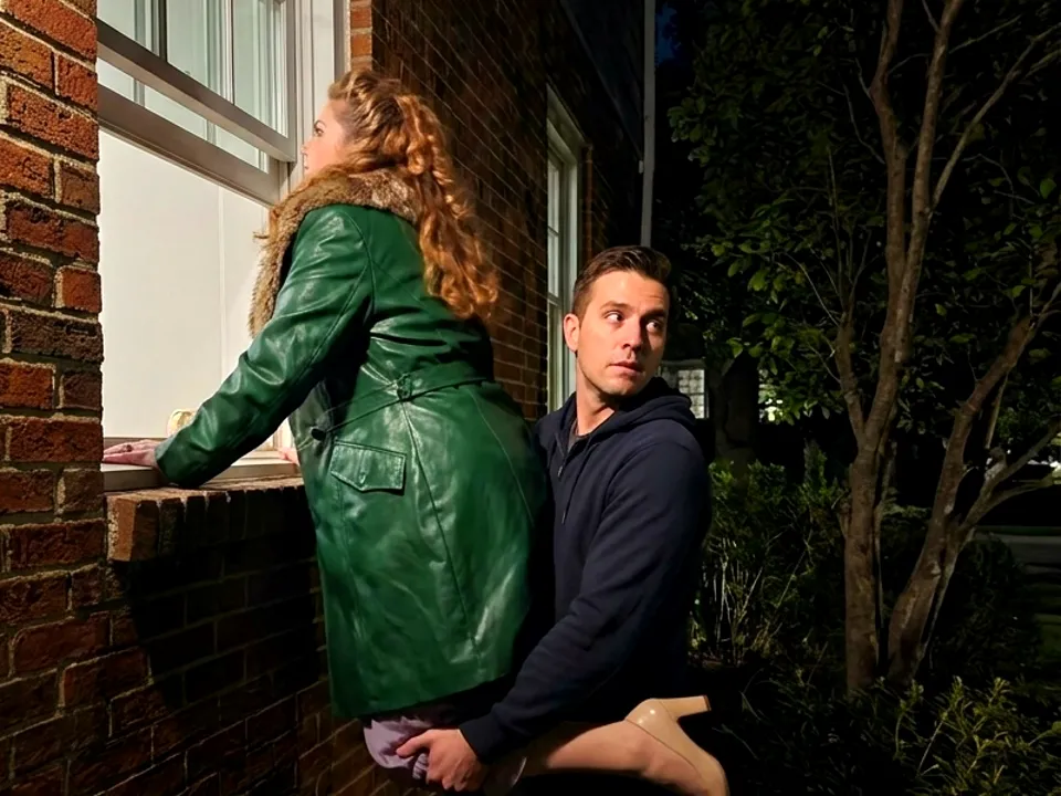 Marcie in a green leather coat peers through a lit window while Ben holds her up and glances back nervously