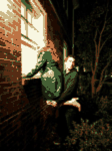 Pixel-art version of the show photo: Marcie in a green leather coat is hoisted up to peer through a brick-building window at night while Ben, holding her up, glances nervously over his shoulder.